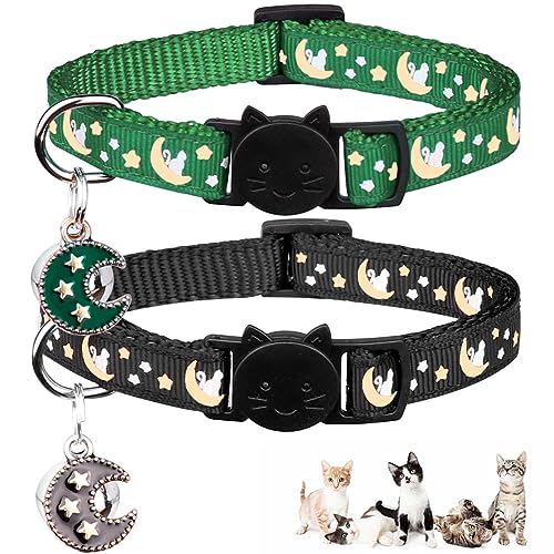 Katzenhalsbänder mit Sicherheitsverschluss, für Jungen und Mädchen, verstellbar, mit Glöckchen, Schwarz + Smaragd, 2 Stück von Baeuppit
