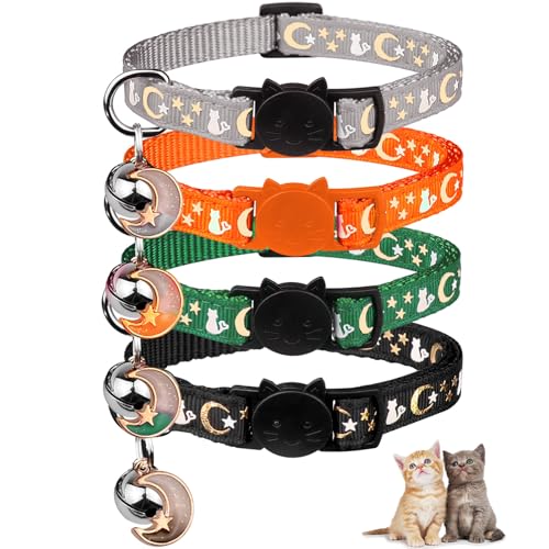 Katzenhalsband mit Glöckchen, Katzenhalsband, Katzenhalsband mit Glocke, Mond und Sternen, niedliches Kätzchen-Halsband mit Anhänger, Katzenhalsbänder für Jungen, Katzen, 17,5 - 27,9 cm (Schwarz von Baeuppit