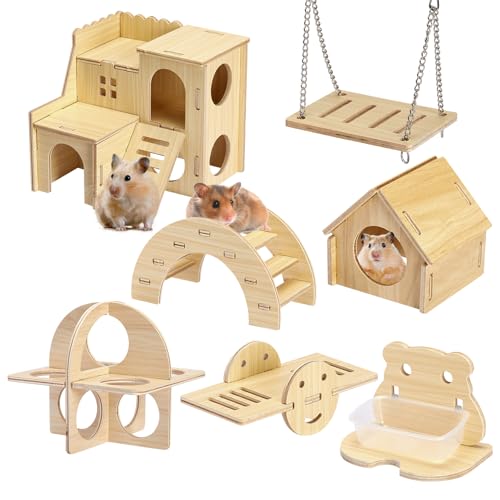 Bafeil Hamsterspielzeug-Set aus Holz, 7 Stück, Kleintierspielzeug für Hamster, Meerschweinchen, Kaninchen, Syrer und Zwerghamster, inklusive Haus, Wippe, Brücke, Schaukel, Tunnel, Kauspielzeug und Bafeil Hamsterspielzeug-Set aus Holz, 7 Stück, Kleintierspielzeug für Hamster, Meerschweinchen, Kaninchen, Syrer und Zwerghamster, inklusive Haus, Wippe, Brücke, Schaukel, Tunnel, Kauspielzeug und von Bafeil