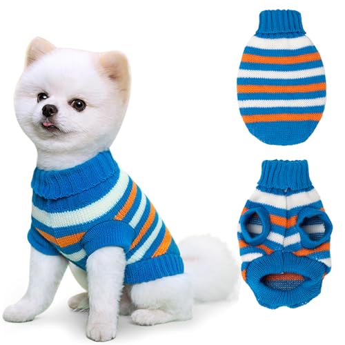 Hundepullover, Hundepullover Kleine Hunde, Gestreifter Wintermantel Pullover Hund Hundepulli für Kleine Mittelgroße Hunde und Katzen (L, Blau) von Bafiwu