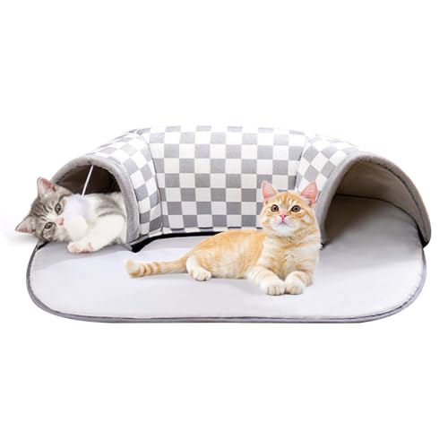 Baketron Katzentunnel Ellipse Mit Schlafplatz,Katzenbett Plüsch Katzen Spieltunnel mit hängendem Ballspielzeug,Rascheltunnel Für Katzen,2 in 1 Katzenhöhle Cat Tunnel(B 76x53x17cm) von Baketron