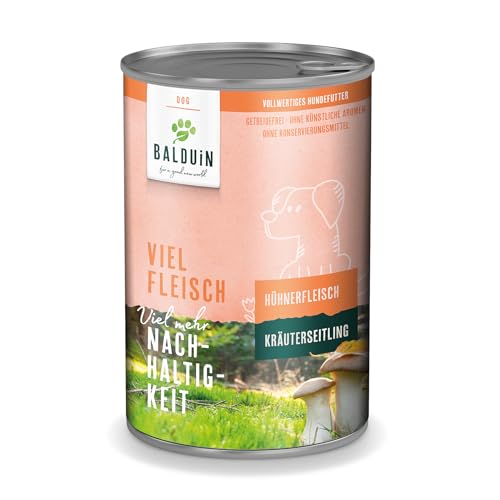 BALDUIN Nassfutter für Hunde, Huhn mit Kräuterseitling, 400g, vollwertige Nassfutter mit einzigartiger Kombination aus Hühnerfleisch und Pilz-Mix von BALDUIN