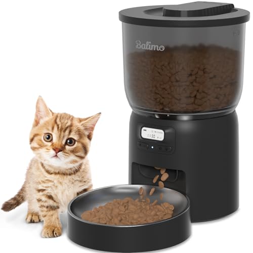 Balimo Futterautomat Katze 3L, Katzenfutter Automat mit Programmierbarer Timer, Futterautomaten für Katzen und Hunde,1 bis 6 Mahlzeiten pro Tag, mit Edelstahlschüssel, Schwarz von Balimo