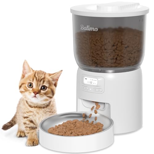 Balimo Futterautomat Katze 3L, Katzenfutter Automat mit Programmierbarer Timer, Futterautomaten für Katzen und Hunde,1 bis 6 Mahlzeiten pro Tag, mit Edelstahlschüssel, Weiß von Balimo