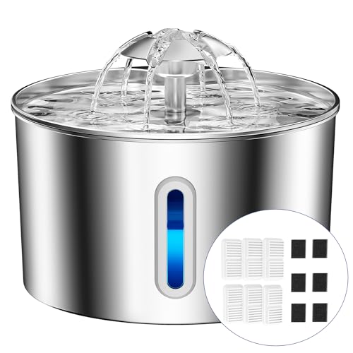 BalimoPet Wasserbrunnen für Katzen, Edelstahl, 2,2 l, super leise, Wasserbrunnen für Katzen mit Vierfach-Filtersystem und 6 Filtern, einfach zu reinigen, LED, geeignet für mehrere Haustiere von BalimoPet