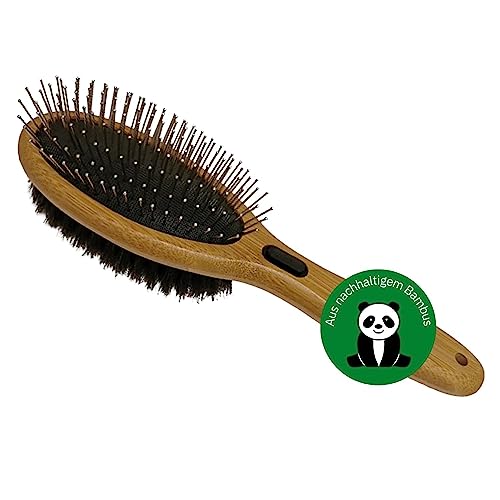 BAMBOO GROOM Combo Brush Größe S/M I Doppelbürste für Tiere mit kurzem & mittellangem Fell I Hundebürste mit abgerundeten Pins & Wildschweinborsten I Bürsten zur Fellpflege I Bürste für Katze & Hund von alcott