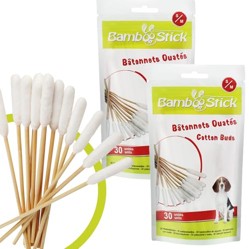 Bamboostick® - 2 Packung mit 30 Wattestäbchen S/M – zum Reinigen der Ohren von kleinen Hunden und Katzen – einfach zu verwenden – entwickelt von einem französischen Tierarzt von Bamboostick