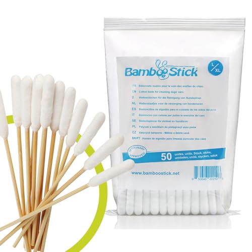 Bamboostick - 2 Packs mit 50 Wattestäbchen L/XL zur Reinigung der Ohren großer Hunde - Natürliches Produkt zur Pflege der Hundeohren - Einfache Anwendung - Entwickelt von einem französischen Tierarzt von Bamboostick