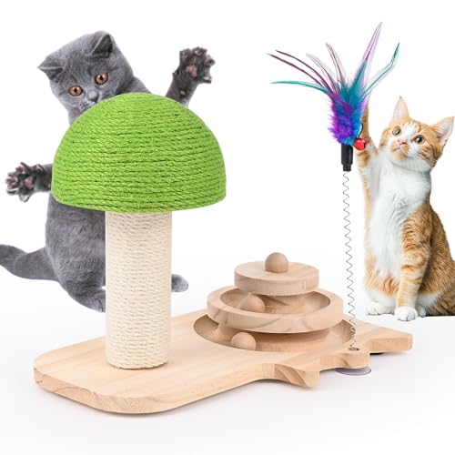 Banaone Holz Katzenspielzeug, Interaktives Multifunktionaler Katzenkratzbaum, Drehbares Kitten Spielzeug Katzenspielzeug Selbstbeschäftigung, Pilz-Katzenbaum (Grüner Pilz) von Banaone