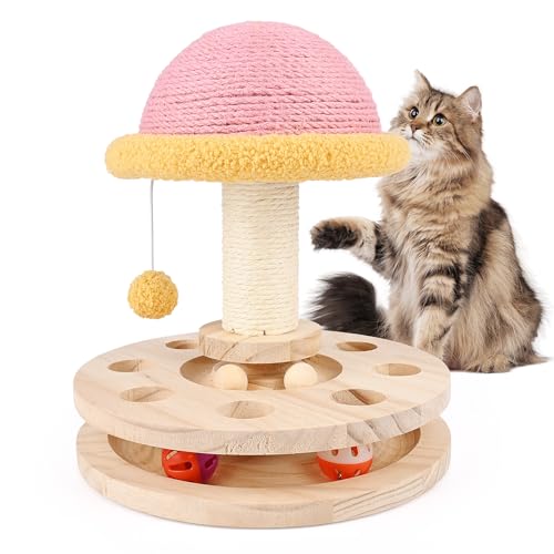Holz Katzenspielzeug, Banaone Interaktives Multifunktionaler Katzenkratzbaum, Drehbares Kitten Spielzeug Katzenspielzeug Selbstbeschäftigung, Pilz-Katzenbaum (Rosa Pilz) von Banaone
