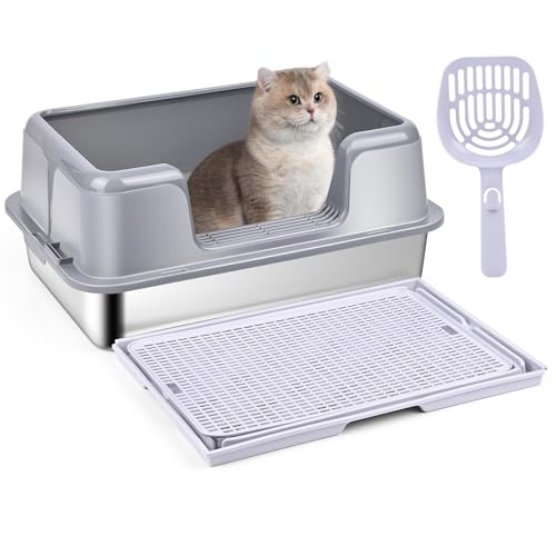 Katzentoilette Edelstahl, Banaone Katzenklo Edelstahl, Leicht zu Reinigen und Geruchsresistent Katzentoilette Edelstahl Auslauf-und Verschüttungssicher mit Katzenstreumatte und Schaufel (A) von Banaone