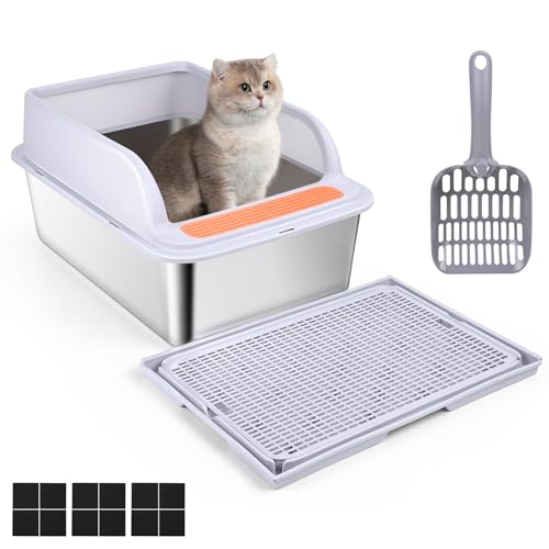 Katzentoilette Edelstahl, Banaone Katzenklo, Leicht zu Reinigen und Geruchsresistent Katzentoilette Edelstahl Auslauf-und Verschüttungssicher mit Katzenstreumatte und Schaufel von Banaone