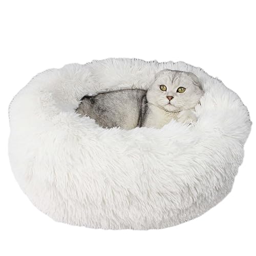 Beruhigendes Donut-Hundebett, Plüsch, warm, abnehmbar, maschinenwaschbar, rutschfest, Anti-Angst, verschiedene Größen, Welpenbett für Katzen und Hunde (110 cm, weiß) von BangDon