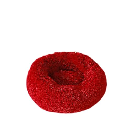 Beruhigendes Hundebett Katzenbett Donut Weiches Haustierbett Flauschig Rund Hundebett Warm mit Langem Plüsch Waschbar Rutschfeste Welpenmatte für Hund Kätzchen (50 cm, Rot) von BangDon