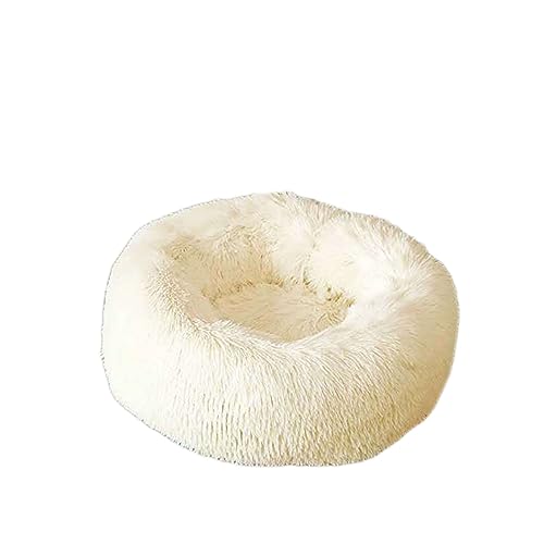 Beruhigendes Hundebett Katzenbett Donut Weiches Haustierbett Flauschiges rundes Hundebett Warm mit langem Plüsch waschbar rutschfeste Welpenmatte für Hund Kätzchen (100 cm, weiß) von BangDon