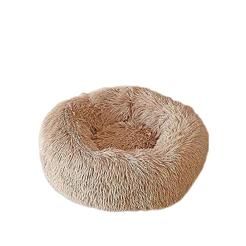 Beruhigendes Hundebett Katzenbett Donut Weiches Haustierbett Flauschiges rundes Hundebett Warm mit langem Plüsch waschbar rutschfeste Welpenmatte für Hund Kätzchen (30 cm, helles Khaki) von BangDon