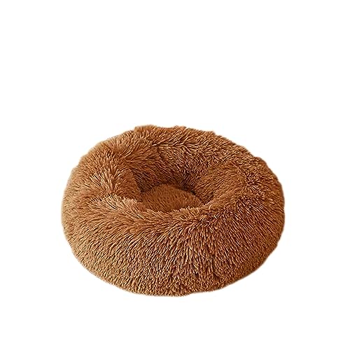 Beruhigendes Hundebett Katzenbett Donut Weiches Haustierbett Flauschiges rundes Hundebett Warm mit langem Plüsch waschbar rutschfeste Welpenmatte für Hund Kätzchen (50 cm, Khaki) von BangDon