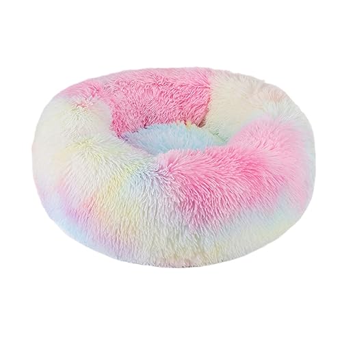 Hundebett, rund, Plüsch, Donut-Form, waschbar, abnehmbar, weich, flauschig, für Hunde und Katzen, bequemes Haustierbett (100 cm, Regenbogen) von BangDon