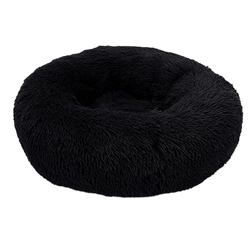 Rundes Plüsch-Donut-Katzen-Hundebett, waschbar, abnehmbar, weich, flauschig, klammendes Bett für Hunde und Katzen, bequemes Haustierbett (50 cm, schwarz) von BangDon