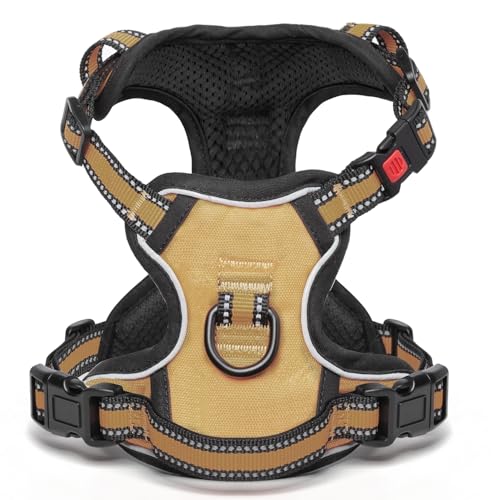 [Neueste Hundegeschirr] BaoCheng Anti Pull Hundegürtel,Kleine/mittlere/große Hunde,Atmungsaktives Mesh, Einfaches Be-und Entladen,3 Schnallen, Sicherheit,Entlastet Husten,Reflektierend(Khaki,S) von BaoCheng