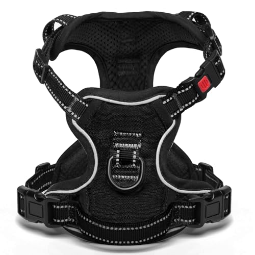 [Neueste Hundegeschirr] BaoCheng Anti Pull Hundegürtel,Kleine/mittlere/große Hunde,Atmungsaktives Mesh, Einfaches Be-und Entladen,3 Schnallen, Sicherheit,Entlastet Husten,Reflektierend(Schwarz,XL) von BaoCheng