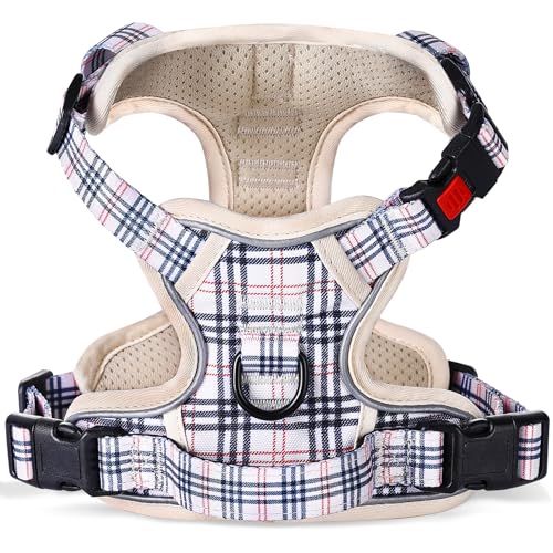 [Neueste Hundegeschirr] BaoCheng Anti Pull Hundegürtel,Kleine/mittlere/große Hunde,Atmungsaktives Mesh, Einfaches Be-und Entladen,3 Schnallen, Sicherheit,Reflektierend(Kariertes Beige,S) von BaoCheng