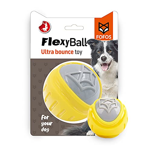 Barkbutler x Fofos Flexy Ball Ultra Bounce Hundespielzeug mit Quietschelement, Größe L, Gelb, für große Hunde (20–30 kg), Dura-Flex TPR, hohe Sprungkraft, weiche Textur, sanft zu Zähnen und von BarkButler