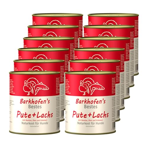 Barkhofen Tiernahrung Nassfutter für Ihren Hund 12x 800 g - Hundefutter nass & getreidefrei mit Pute+Lachs – Hunde Futter in Dosen ohne Getreide von Barkhofen Tiernahrung Naturkost für Hunde und Katzen