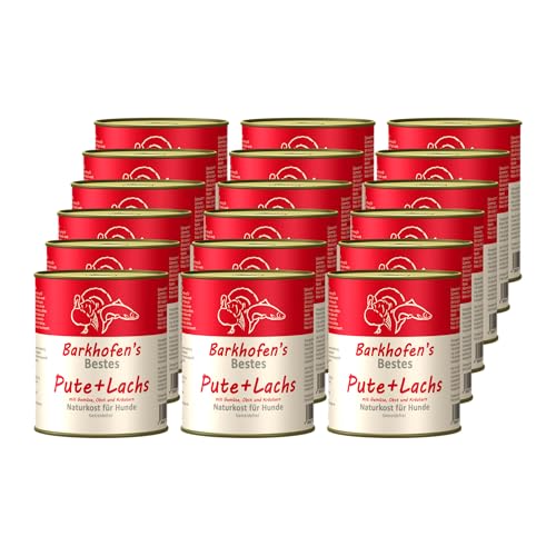Barkhofen Tiernahrung Nassfutter für Ihren Hund 18x 800 g - Hundefutter nass & getreidefrei mit Pute+Lachs – Hunde Futter in Dosen ohne Getreide von Barkhofen Tiernahrung Naturkost für Hunde und Katzen