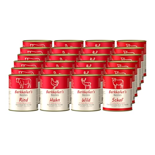 Barkhofen Tiernahrung Nassfutter für Ihren Hund 24x 800g – Hundefutter nass & getreidefrei mit Rind, Huhn, Wild, Schaf - Futter in Dosen ohne Getreide - Verschiedene Sorten von Barkhofen Tiernahrung Naturkost für Hunde und Katzen