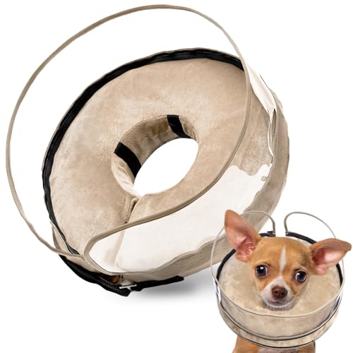 BARKLESS Hundekegel, aufblasbarer Hundekegel nach Operationen, weiches Operationshalsband mit verbessertem Anti-Leckschutz für Haustiere, patentiertes schützendes Donut-Halsband (Hellbraun, S (Hals von Barkless