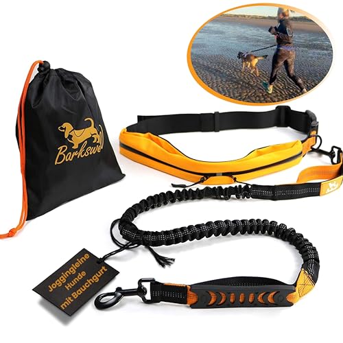 Joggingleine Hunde mit Bauchgurt für Hundeleine für Grosse Hunde/Mittelgroße Hunde bis 60 kg - Laufgurt Hund Joggen mit Bungee Leine Hund – Canicross Gürtel/Canicross Leine - Laufleine für Hunde von Barkswell