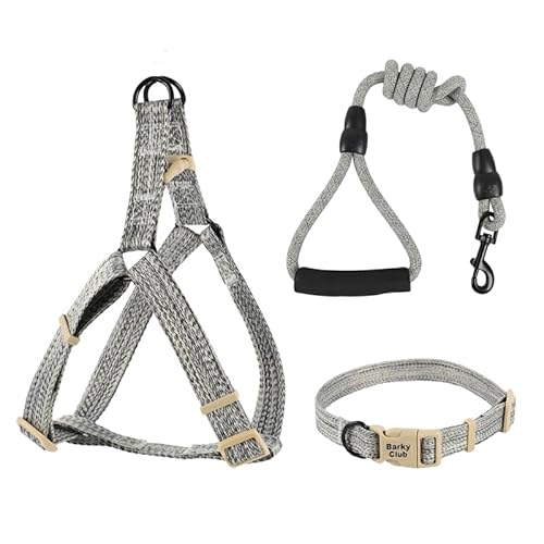 Barky Club Hunde- und Katzengeschirr-Set, verstellbare Leine, Halsband und Geschirr, atmungsaktiv, leicht und bequem, geeignet für kleine bis mittelgroße Haustiere (Grau, M) von Barky Club