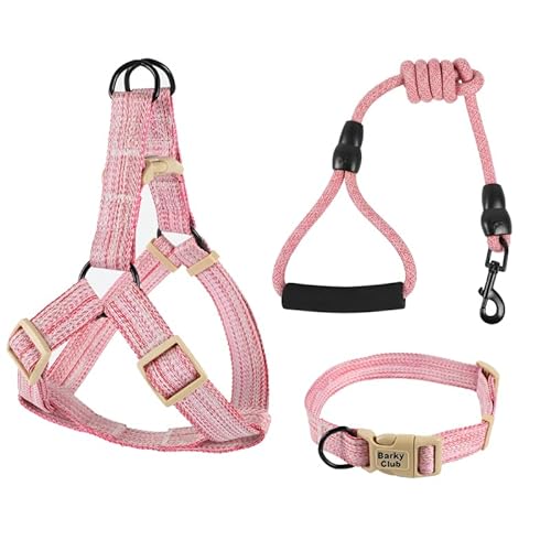 Barky Club Hunde- und Katzengeschirr-Set, verstellbare Leine, Halsband und Geschirr, atmungsaktiv, leicht und bequem, geeignet für kleine bis mittelgroße Haustiere (Rosa, M) von Barky Club