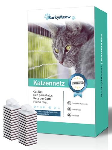 BarkyMeow Balkonnetz für Katzen, 6x3m Katzennetz für Balkon ohne Bohren, Katzengitter Fenster, Katzen Fensterschutz, Katzenschutznetz für Balkon, Fenstern, Terrassen, Türen, Dachluken (Transparentes) von BarkyMeow