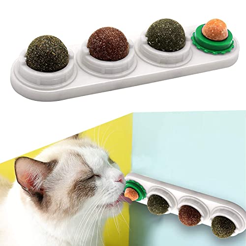 Cat Snack Candy, Cat Licking Toys Molar Zahnung Snack Spielzeug mit Solid Candy Ball, Selbstklebend Katzenminze Essbar Wand Ball für Katzen Reinigung Zähne und Schutz des Bauches von Barley Ears