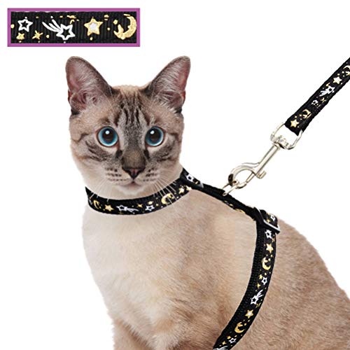 Katzengeschirr und Leine, Set für Spaziergänge im Freien, ausbruchsicher, verstellbar, weicher Sicherheitsgurt mit goldenem Stern- und Mond-Design, leuchtet im Dunkeln, Schwarz, Größe L von Barleygoo