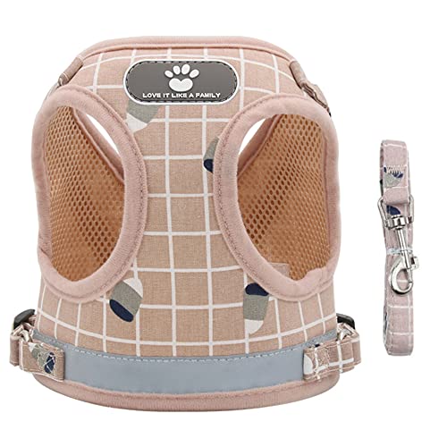 BaronHong Hundegeschirr mit Leine, kein Zug, verstellbares, reflektierendes Step-in-Welpengeschirr für extra kleine/kleine, mittelgroße, große Hunde und Katzen (Pink-Plaid, L) von BaronHong