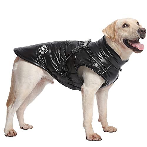 BaronHong Hundejacke für große Hunde, Wintermantel, mit Fleece gefüttertes Geschirr, D-Loch, gemütlich, warm – wasserdichte, Winddichte, reflektierende Hundeweste mit Reißverschluss (schwarz, 4XL) von BaronHong