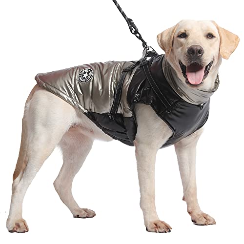 BaronHong Hundejacke für große Hunde, Wintermantel, mit Fleece gefüttertes Geschirr, D-Loch, gemütlich, warm – wasserdichte, Winddichte, reflektierende Hundeweste mit Reißverschluss von BaronHong