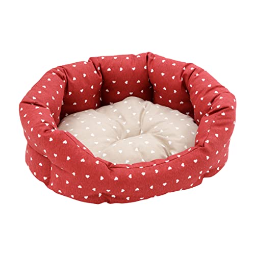 Baroni Home Hundebett aus Stoff, Größe L, weiches rundes Hundematte für Hunde und Katzen, bequem, für Schlafzimmer Wohnzimmer Flur, waschbar (50x65 cm, Beige, Rot mit Herzen) von Baroni Home