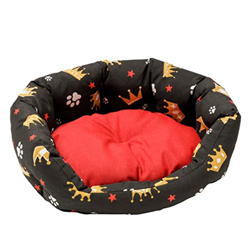 Baroni Home Hundebett aus Stoff, Größe L, weiches rundes Hundematte für Hunde und Katzen, bequem, für Schlafzimmer Wohnzimmer Flur, waschbar (50x65 cm, Rot, Scwharz mit Kronen) von Baroni Home