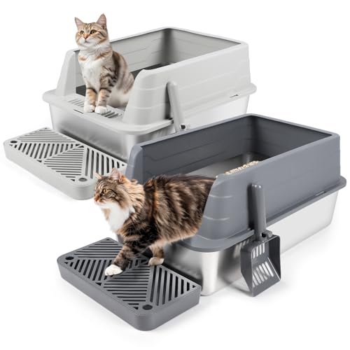 Bartuke 2 Pack Stainless Steel Cat Litter Box, High Sided Metal Litter Tray with Scoop, Filter Pedal, Non-Sticky, Non-Odor, Easy Cleaning (Dark Grey&Light Grey) von Bartuke