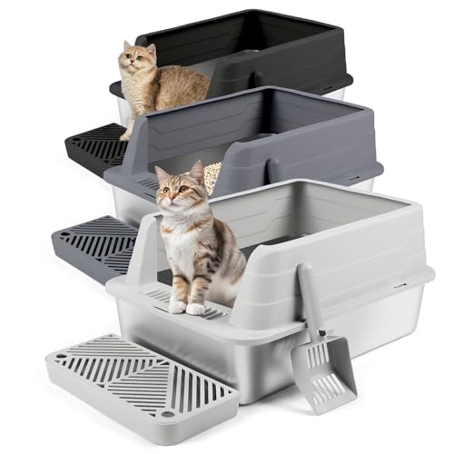 Bartuke 3 Pack Stainless Steel Cat Litter Box, High Sided Metal Litter Tray with Scoop, Filter Pedal, Non-Sticky, Non-Odor, Easy Cleaning (Dark Grey&Light Grey&Black) von Bartuke