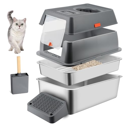 Bartuke Edelstahl Katze Müll Box, hochseitige Metall Sieb Müll Tray mit Scoop, Müll Matte, Nicht klebrig, Geruchsfrei, einfache Reinigung (dunkelgrau) von Bartuke