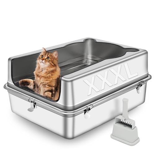 Bartuke Extra große Katzenklo Edelstahl, XXXL 70 x 50 x 30 cm halbgeschlossene herausnehmbare Metall Katzentoilette mit hohem Rand, Schaufel, auslaufsicher, antihaftbeschichtet und leicht zu reinigen von Bartuke
