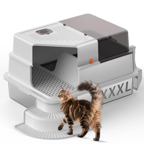 Bartuke Edelstahl Katzenklo, Hohe Seitenwand Metall Katzentoilette mit gefiltertem Gang, Stufe, Schaufel, Nicht klebend, geruchsneutral, einfache Reinigung (Hellgrau) von Bartuke