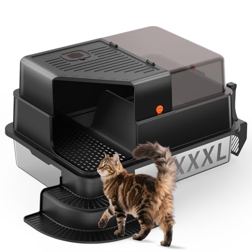 Bartuke Edelstahl Katzenklo, Hohe Seitenwand Metall Katzentoilette mit gefiltertem Gang, Stufe, Schaufel, Nicht klebend, geruchsneutral, einfache Reinigung (Schwarz) von Bartuke