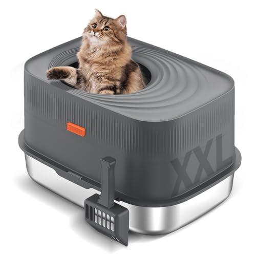 Bartuke Katzenklo mit Deckel, geschlossene, herausnehmbare Edelstahl Katzentoilette für große Katzen mit Einstieg von Oben, Schaufel, auslaufsicher, leicht zu reinigen (Dunkelgrau) von Bartuke