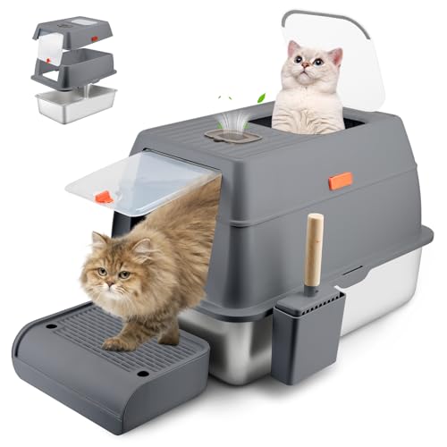 Bartuke Edelstahl Katzenklo mit Deckel, geschlossene herausnehmbare Metall Katzentoilette Stainless Steel Cat Litter Box mit hohem Rand, Schaufel, antihaftbeschichtet, leicht zu reinigen (Dark Grey) von Bartuke